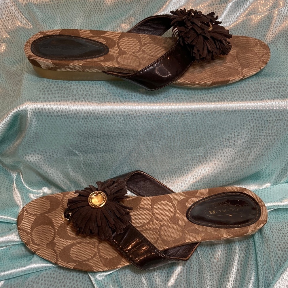 6.5b Coach sandals. Brown tassels with beige coach base. Box 2